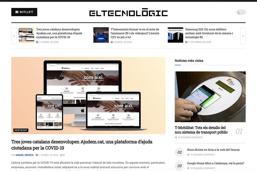 Screenshot of digital newspaper El Tecnològic with news articles