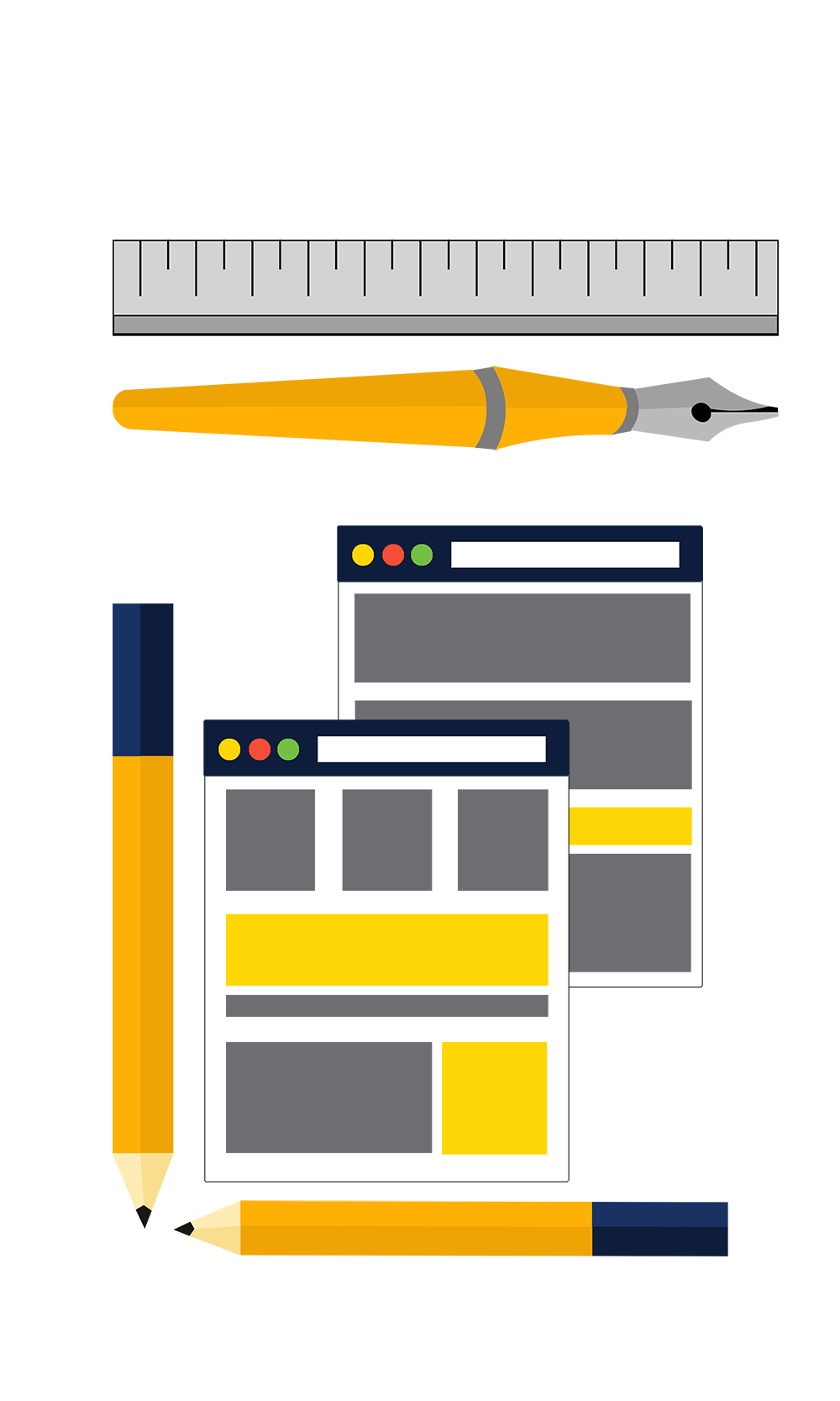 Tabs with Formiga web design plan, pencils, pen and ruler